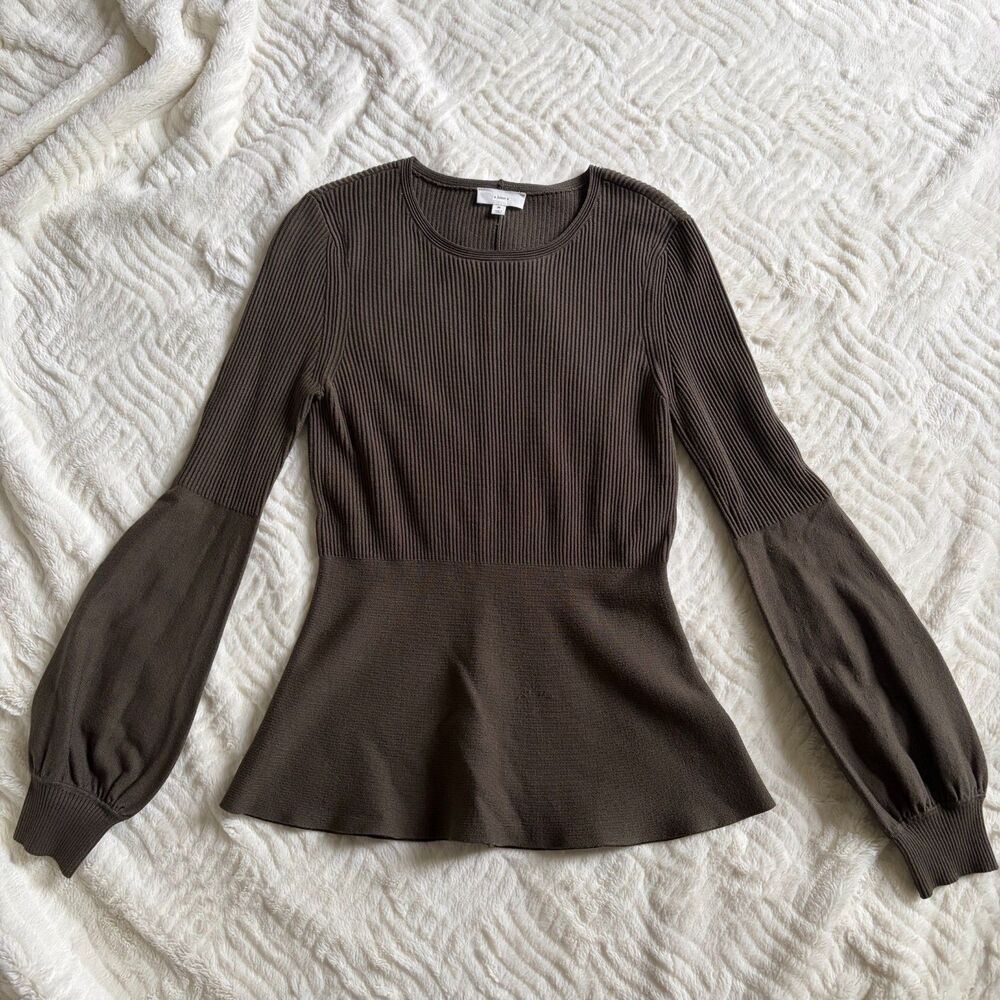 A Loves A Dark Green Ribbed Knit Peplum Top Long Sleeve Size Medium